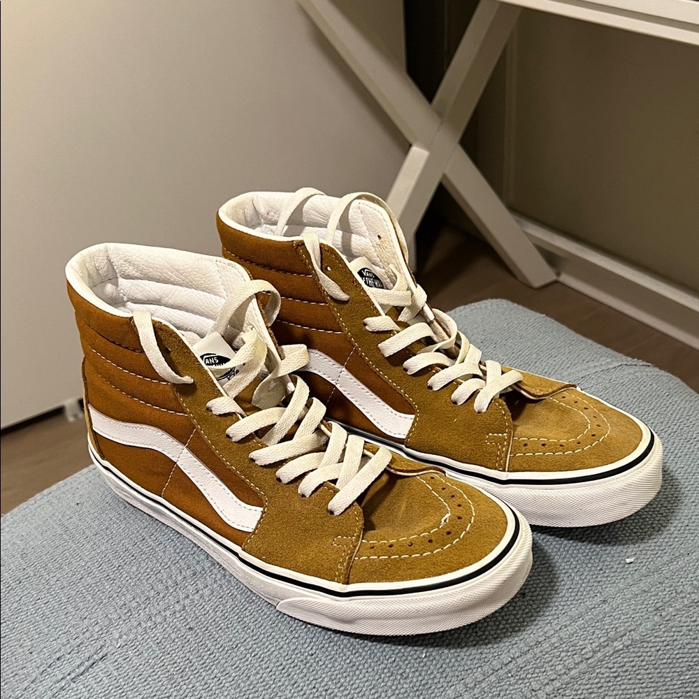 Vans Sk8-Hi Suede High-Top Sneakers in Mustard Yellow and White